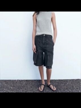 Zara Charcoal Black Cargo Bermuda Shorts